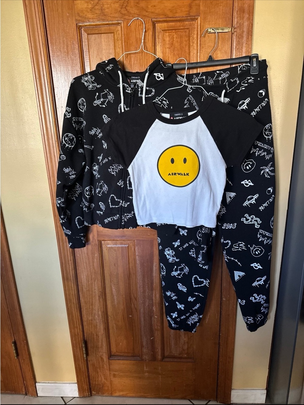 Airwalk Black & White Smiley Hoodie, Tee & Jogger Set with Yellow Graphic